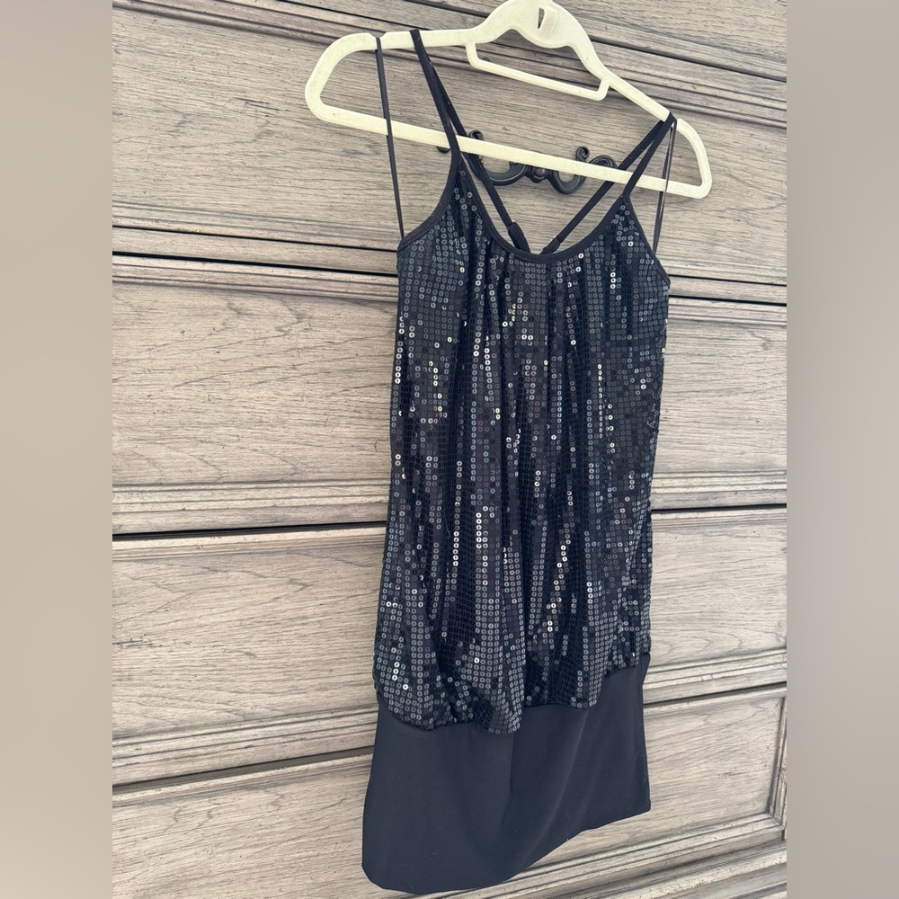 Black Sequin Dress Sleeveless Drop Waist Y2k Spaghetti Straps Criss Cross Beaded - Picture 5 of 9